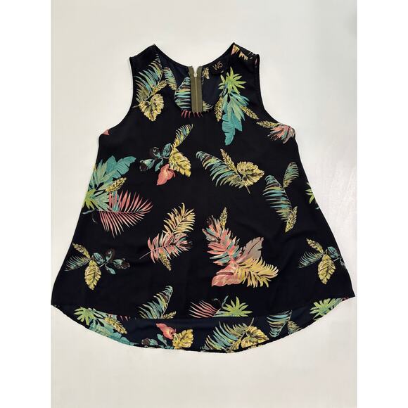 W5 Tops - W5 Tropical Palm Print Sleeveless Blouse Black Floral Back Zip Top XL 11483M